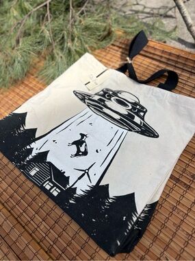 Canvas Tote Bag with UFO Graphic - Black & White